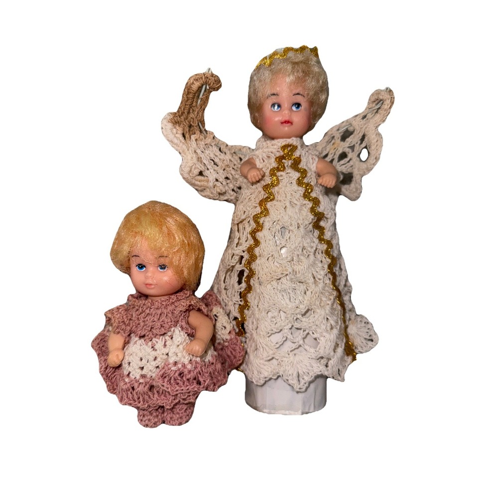 Vintage Christmas Starched Crocheted Angel With Doll Plastic Face & Baby Doll